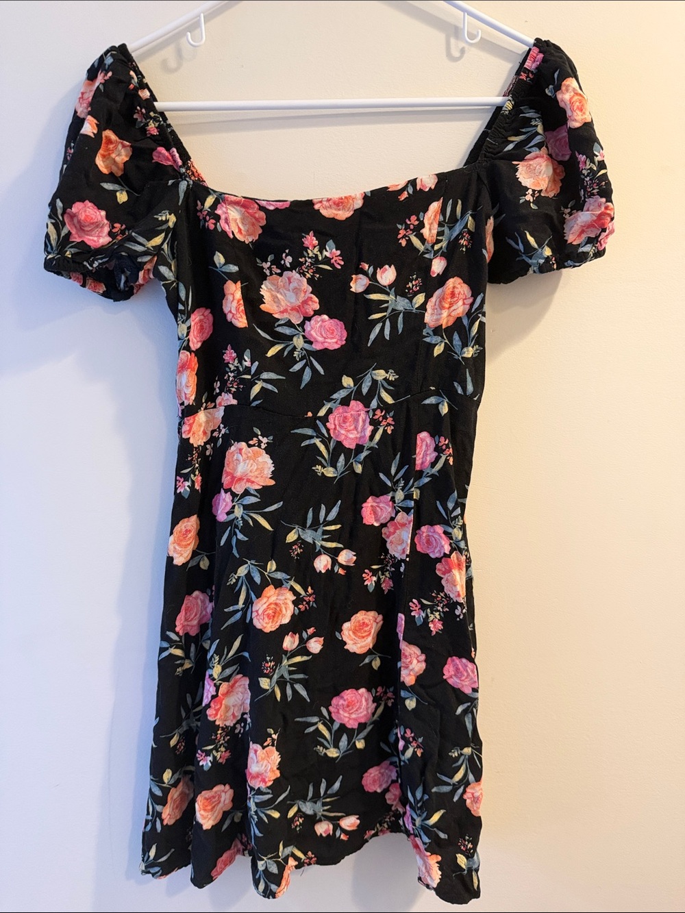 miami Black Floral Off-Shoulder Mini Dress with Pink and Peach Roses